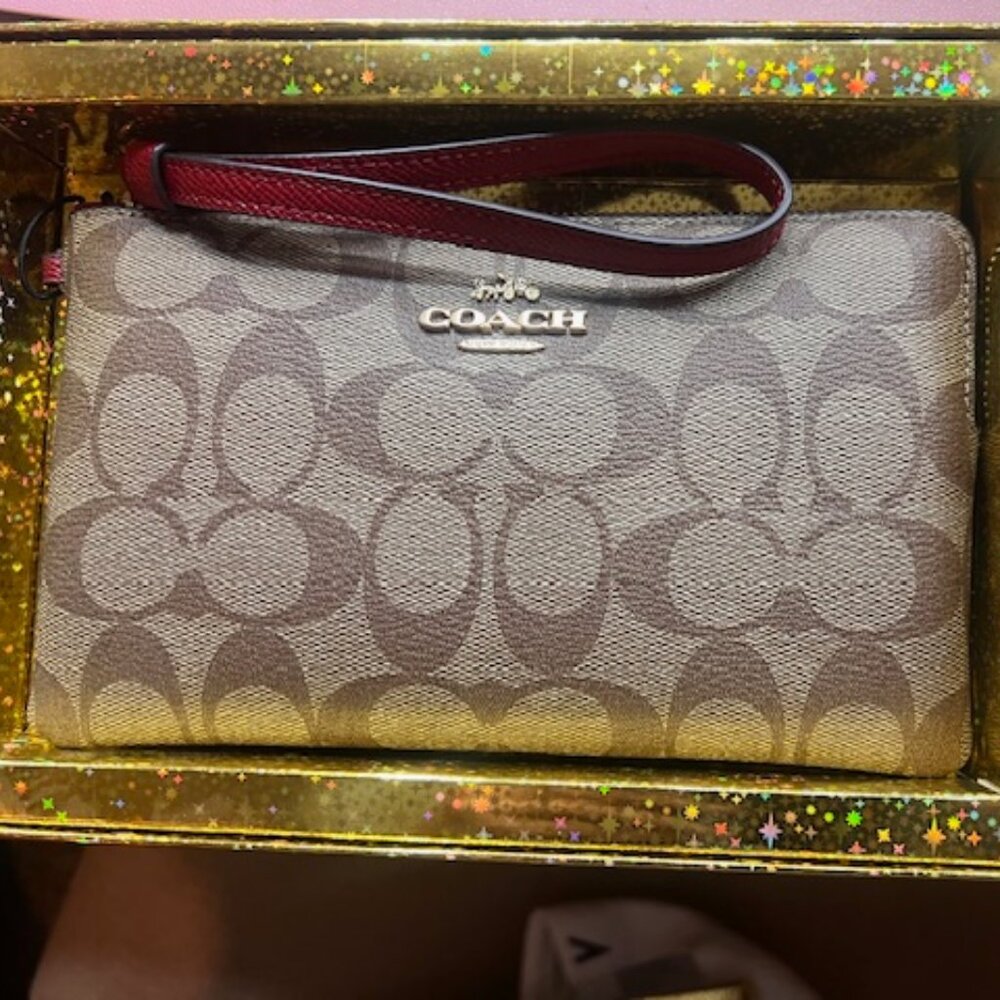 Coach Large Corner Zip Wristlet In Signature Canvas And Red